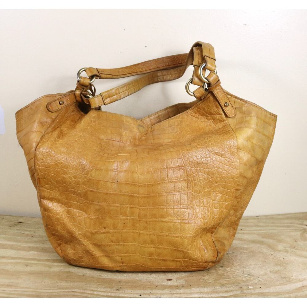 Brahmin HOBO TOTE Croc Embossed L JACQUELINE Brown Yellow Leather Shoulder Bag - Picture 2 of 16